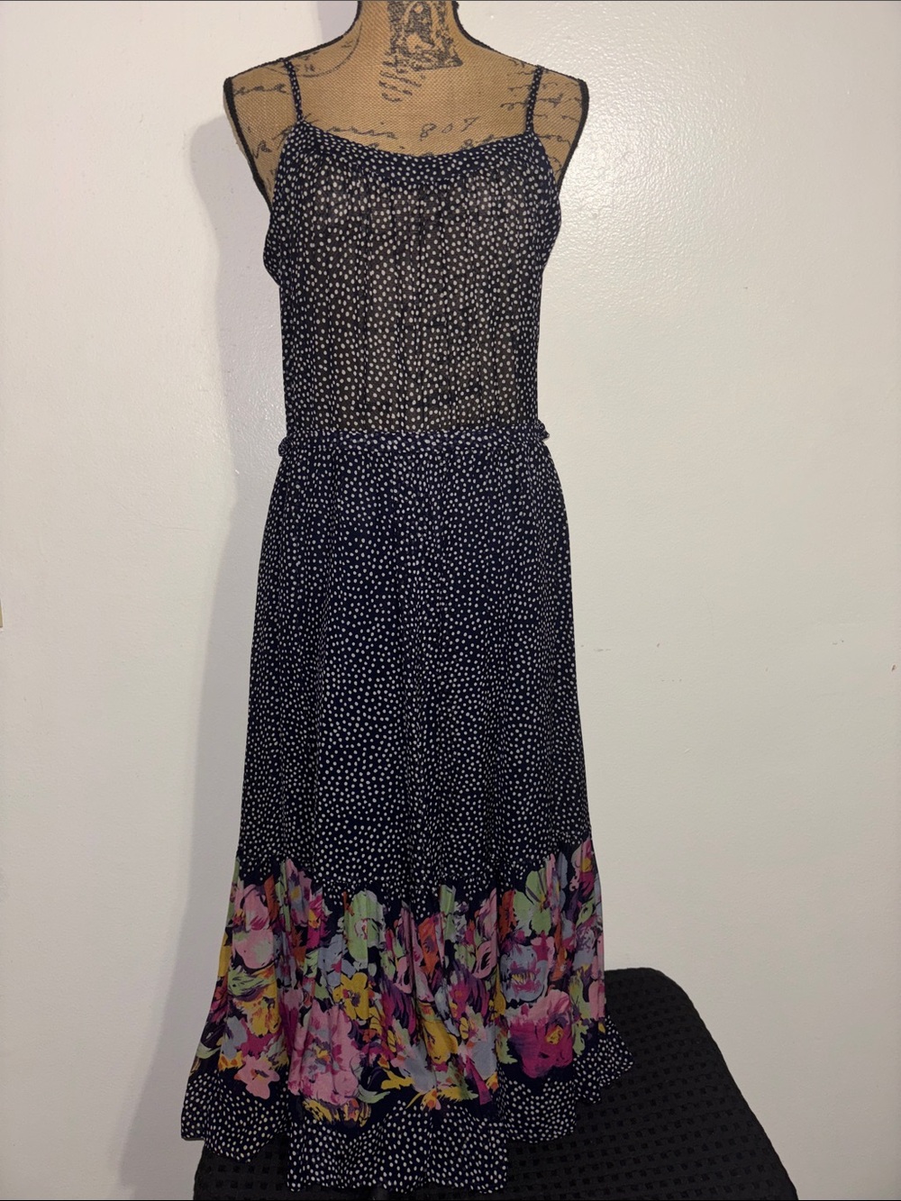 Floral Border Black Polka Dot Maxi Dress Sz 42
